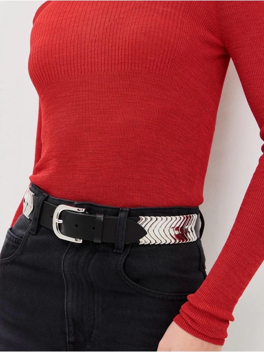 Isabel Marant Black Leather Belt with Silver Chevron Accents